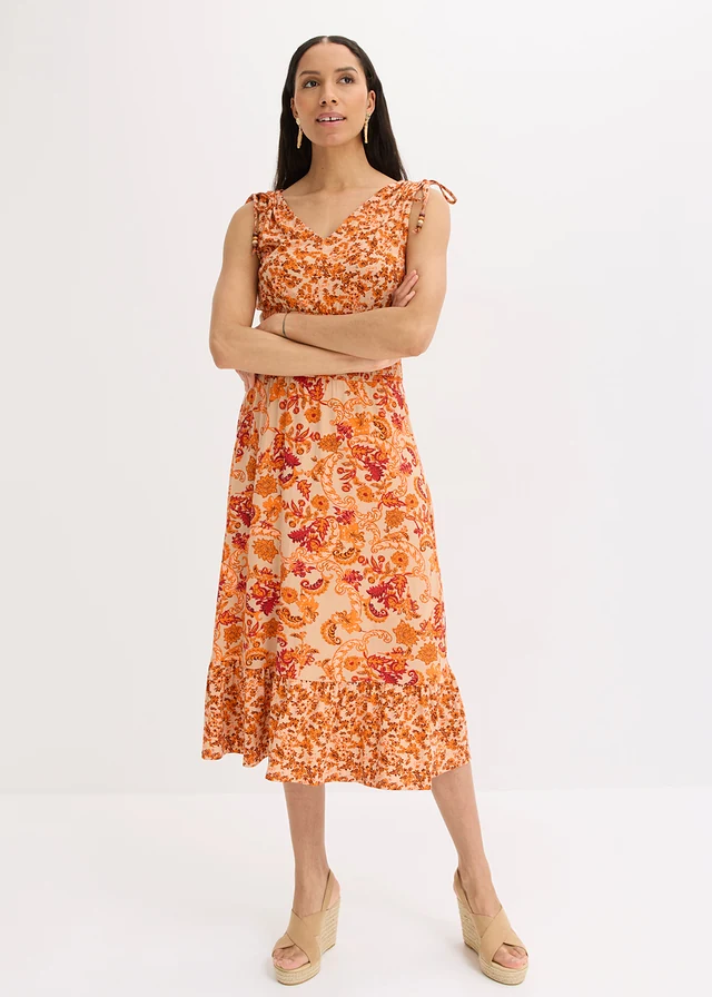 Jersey jurk van soepele viscose, Kleur: beige-oranje paisley gebloemd