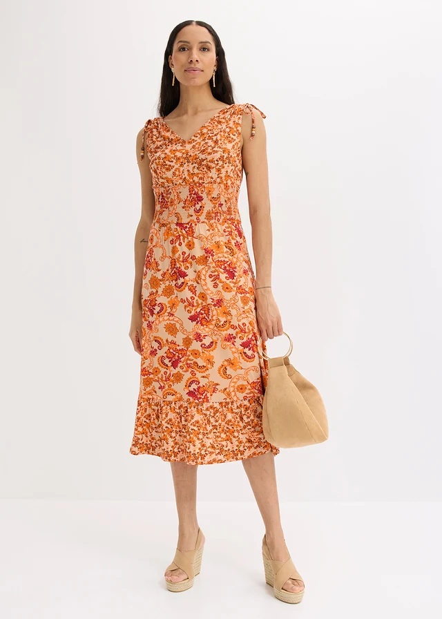 Jersey jurk van soepele viscose, Kleur: beige-oranje paisley gebloemd