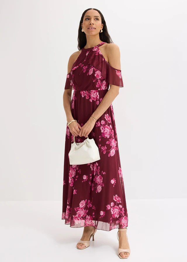 Rochie maxi din mesh • roșu-arțar înflorat • magazin bonprix