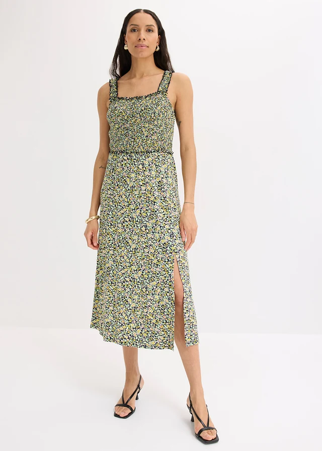 Rochie din jerse din viscoză fluidă, culoare: bleumarin-galben înflorat