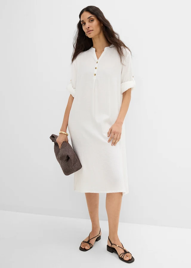 Rochie midi din material cu in, culoare: ecru