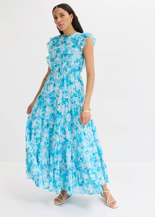 Robe longue 100% coton, Couleur: bleu poudré floral