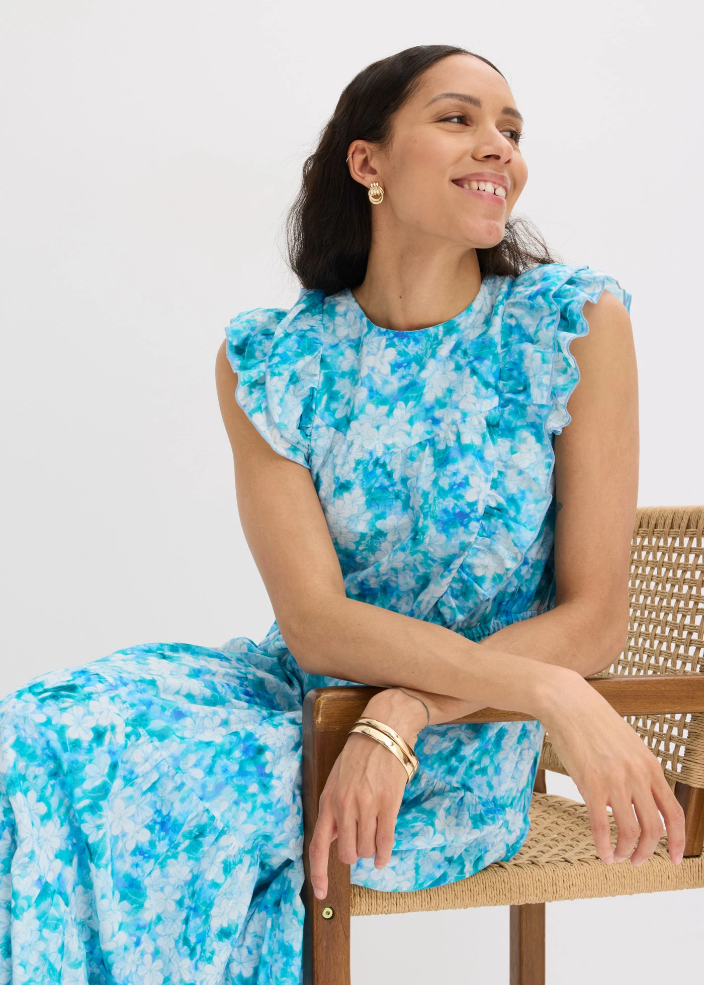 Robe longue 100% coton • bleu poudré floral • Boutique bonprix