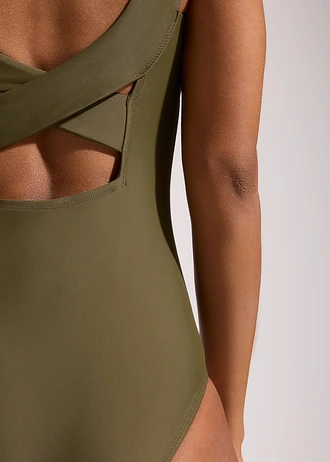 Maillot 1 pièce sculptant à col en V, maintien modéré • olive foncé • Boutique bonprix