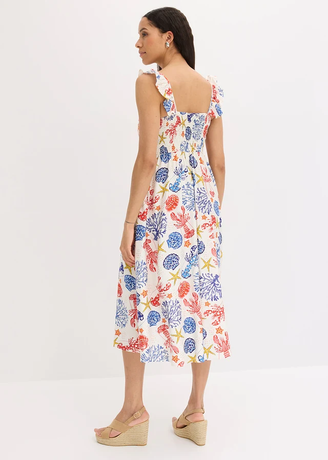 Rochie midi din amestec fin de viscoză • ecru-albastru-roși cu imprimeu • magazin bonprix