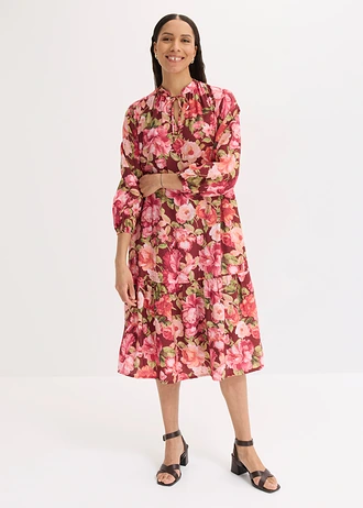 Robe midi fluide, Couleur: rouge rubis floral