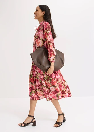 Rochie midi din amestec fluid cu viscoză, culoare: roșu-rubiniu floral