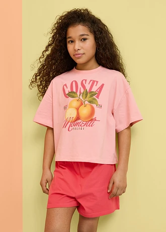 Tricou și pantaloni scurți din bumbac organic 100% (set/2 piese), culoare: pink-paradis+roz soft cu imprimeu
