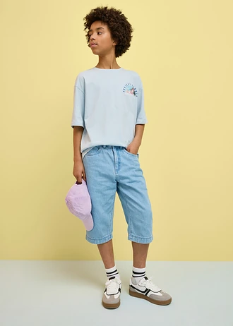 Bermudy jeansowe z regulowanym pasem, loose fit • jasnoniebieski denim • sklep bonprix