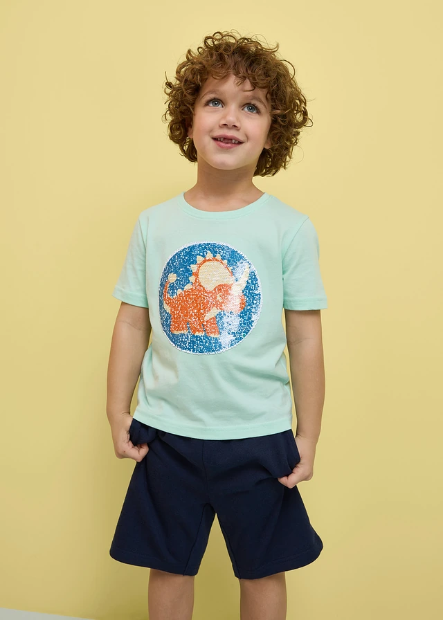 T-Shirt van biologisch katoen met omkeerbare pailletten, Kleur: lichtmint met print
