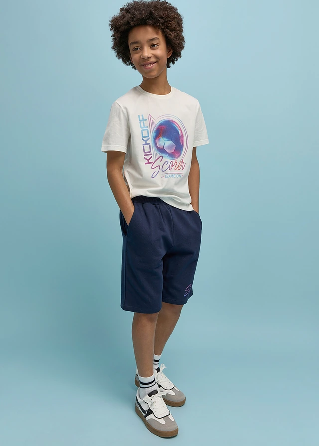 T-shirt en sweatbermuda van puur biologisch katoen (2-dlg. set), Kleur: wolwit-donkerblauw met print
