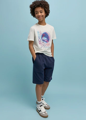 T-shirt i bermudy dresowe z czystej bawełny organicznej (komplet 2.-cz) • biel wełny - ciemnoniebieski z nadrukiem • sklep bonprix