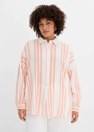 Overhemdblouse van luchtige mousseline, Kleur: wit-zalmkleur met print