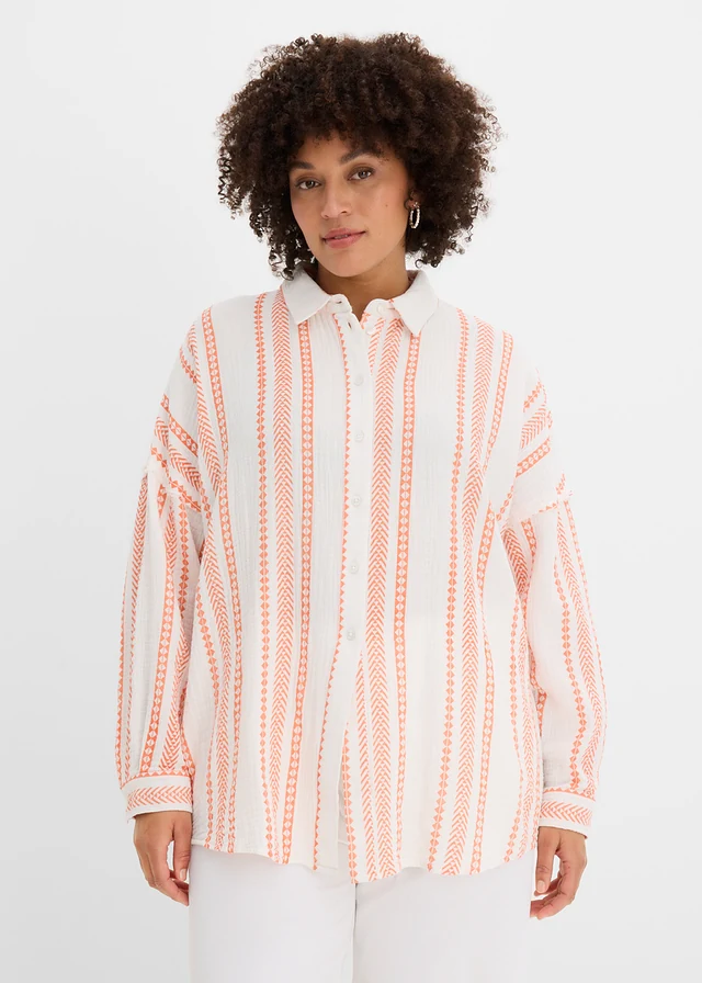 Chemise légère en gaze de coton, Couleur: blanc-saumon imprimé