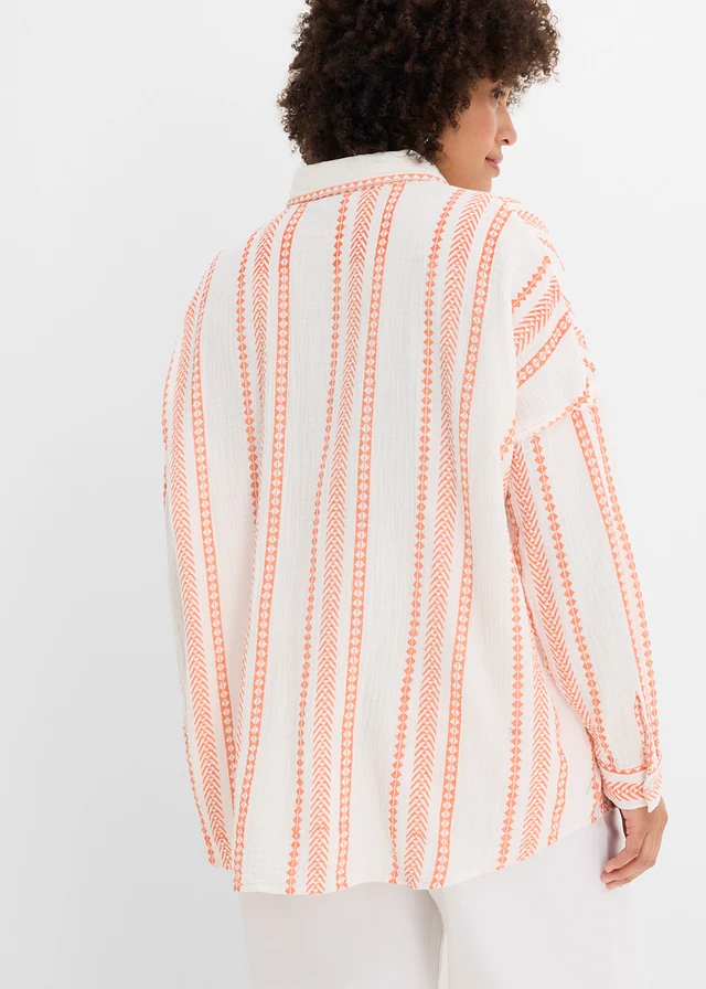 Chemise légère en gaze de coton, Couleur: blanc/saumon rayé verticalement