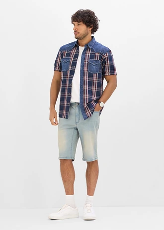 Cămașă cu mâneci scurte cu aplicații denim din bumbac 100% • bleumarin cadrilat • magazin bonprix