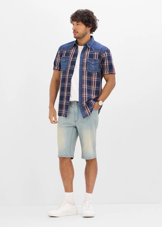Overhemd met denim details en korte mouwen van katoen, Kleur: donkerblauw geruit