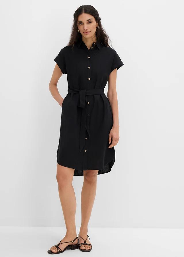 Robe chemise en lin mélangé avec ceinture à nouer, Couleur: noir