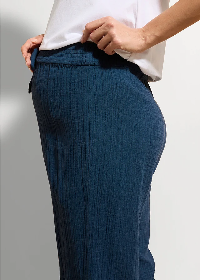 Pantalon de grossesse confortable à taille smockée, gaze 100% coton, Couleur: bleu profond