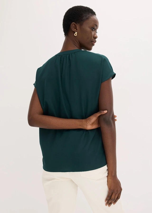 Blouse met korte mouwen en blinde knoopsluiting, Kleur: diepgroen