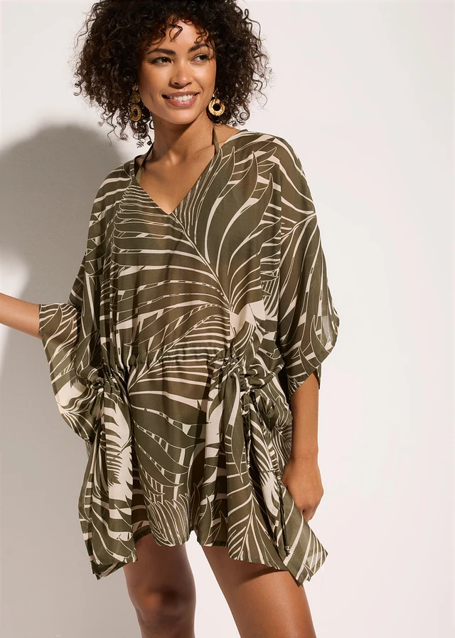 Tunique de plage oversize, Couleur: olive foncé-beige floral