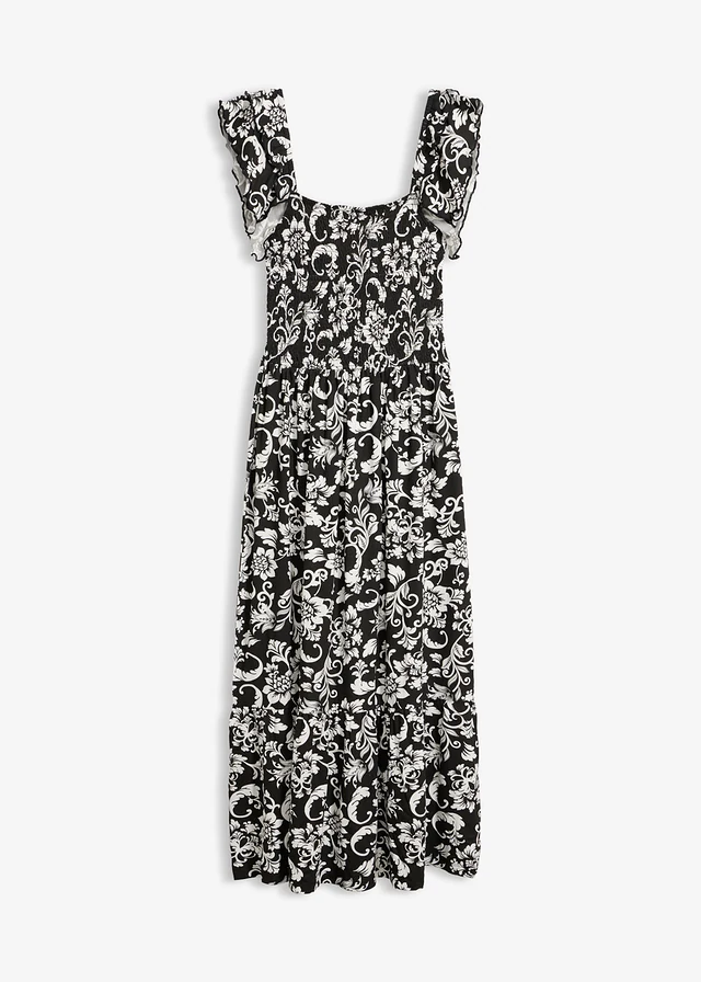 Midi jurk in een viscosemix, Kleur: zwart/wolwit gebloemd