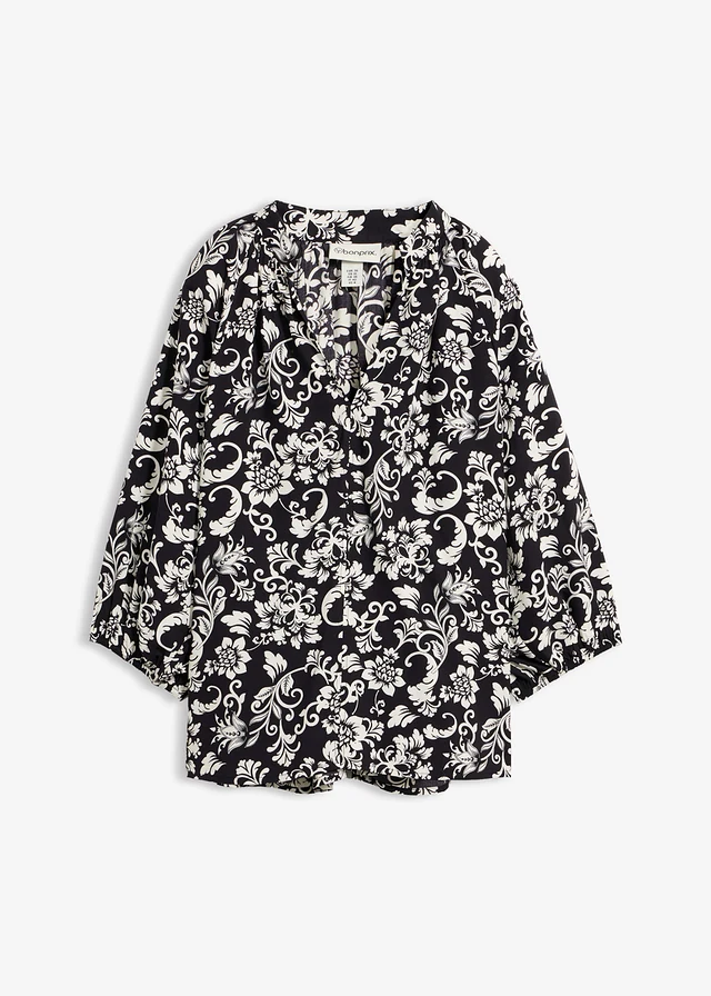 Bluzka tunikowa z miękkiej wiskozy, kolor: czarny + biel wełny z nadrukiem