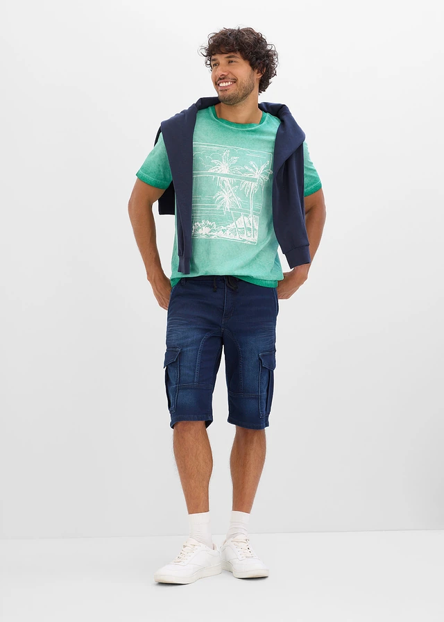 T-shirt in een verwassen look van biologisch katoen, Kleur: Pacifisch groen met print