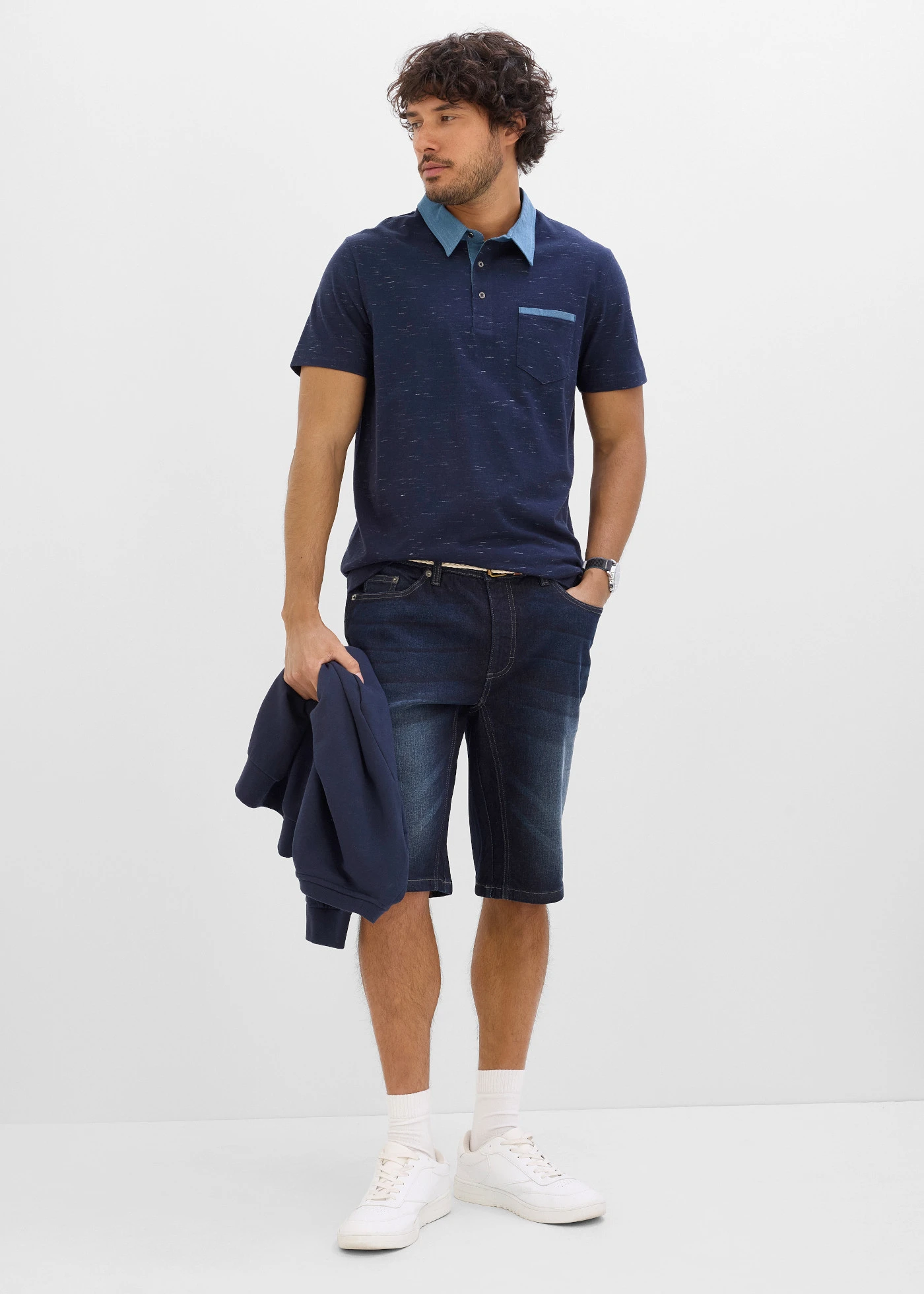 Poloshirt, korte mouwen met geweven kraag • donkerblauw gemêleerd • bonprix online shop