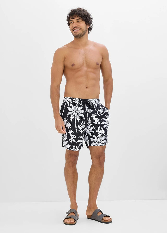 Zwemshort met zijzakken, Kleur: zwart-wit met print