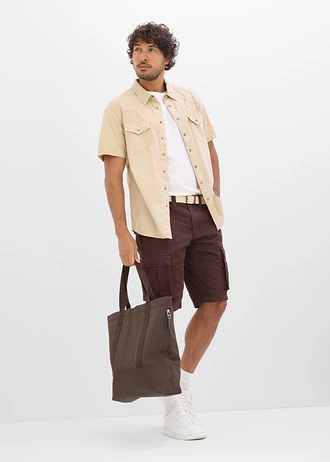 Lichte jeans bermuda van coloured denim met elastische tailleband, relaxed fit, Kleur: donkerbruin