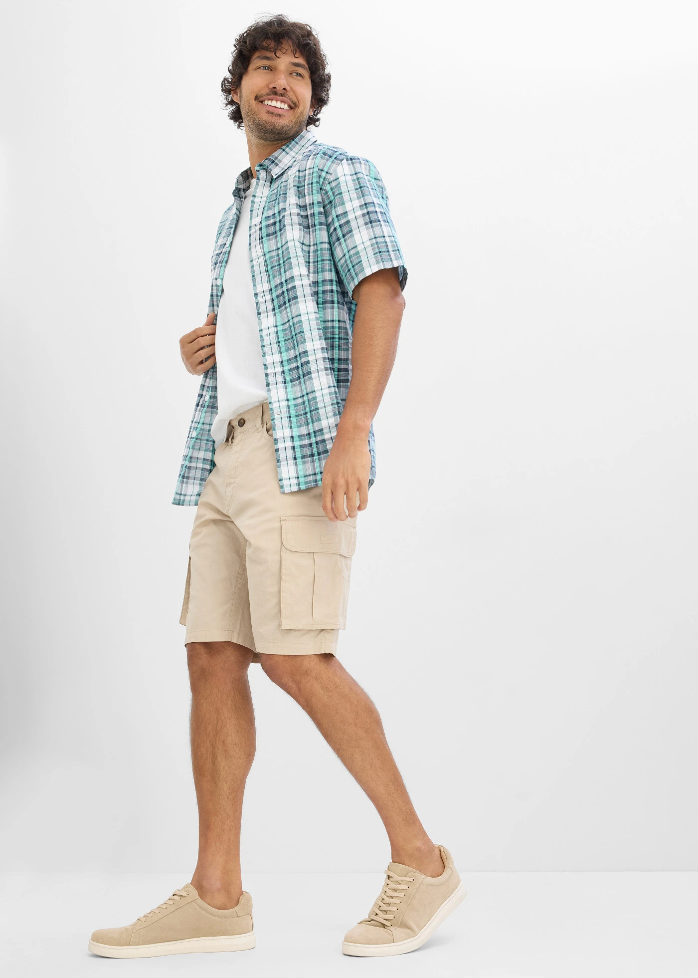 Seersucker overhemd met comfort fit en korte mouwen • wit-pacifisch groen geruit • bonprix online shop