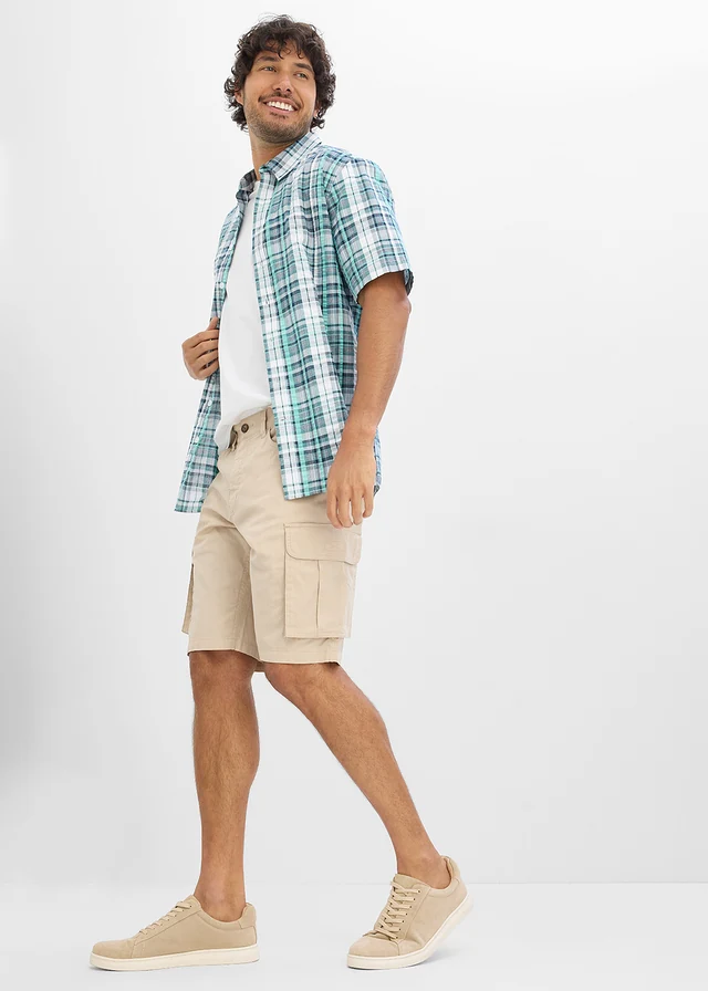 Chemise manches courtes en seersucker 100% coton, Couleur: blanc/vert pacifique carreaux