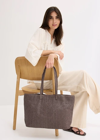 Shopper in rieten look, Kleur: donkerbruin