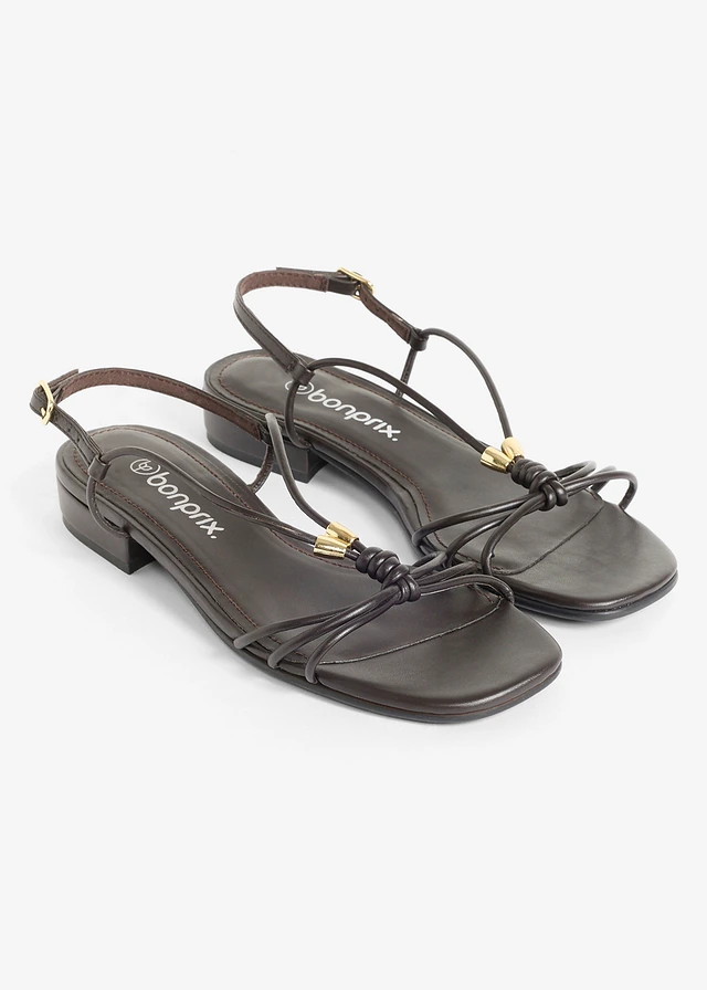 Sandalen met riempjes en metallic details, Kleur: donkerbruin
