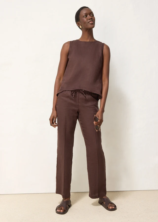 Blouse sans manches 100% lin, Couleur: marron foncé
