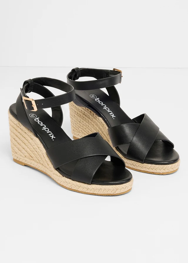 Sleehak sandaletten in raffia-look, Kleur: zwart