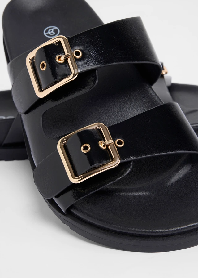 Slippers met gesp, Kleur: zwart