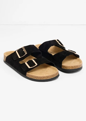 Klapki ze skóry welurowej • czarny • sklep bonprix