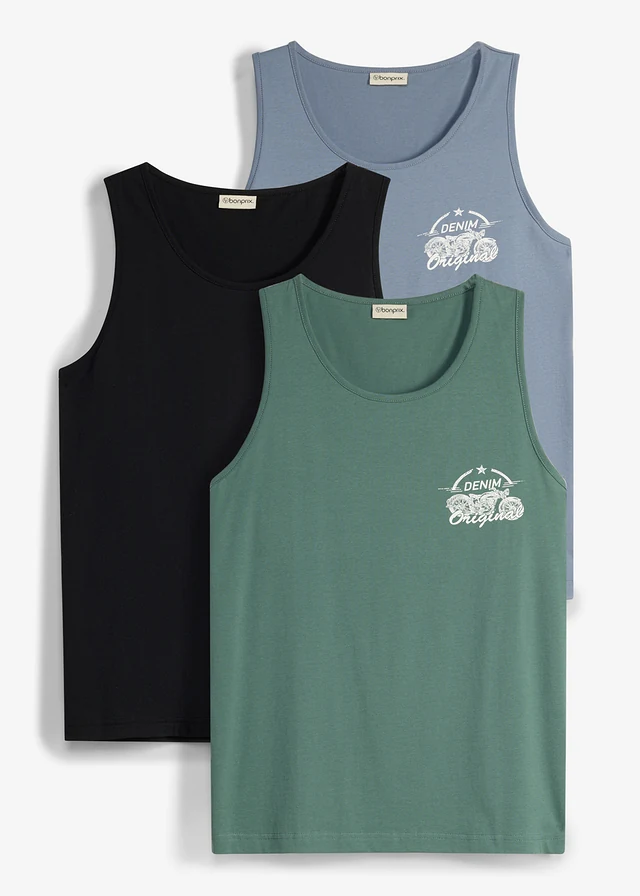 Maiou sport (set/3 buc.) • negru+gri-verde+albastru fumuriu cu imprimeu • magazin bonprix