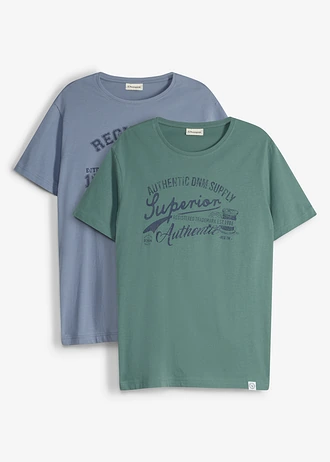 Lot de 2 T-shirts • bleu fumé + gris vert imprimé • Boutique bonprix