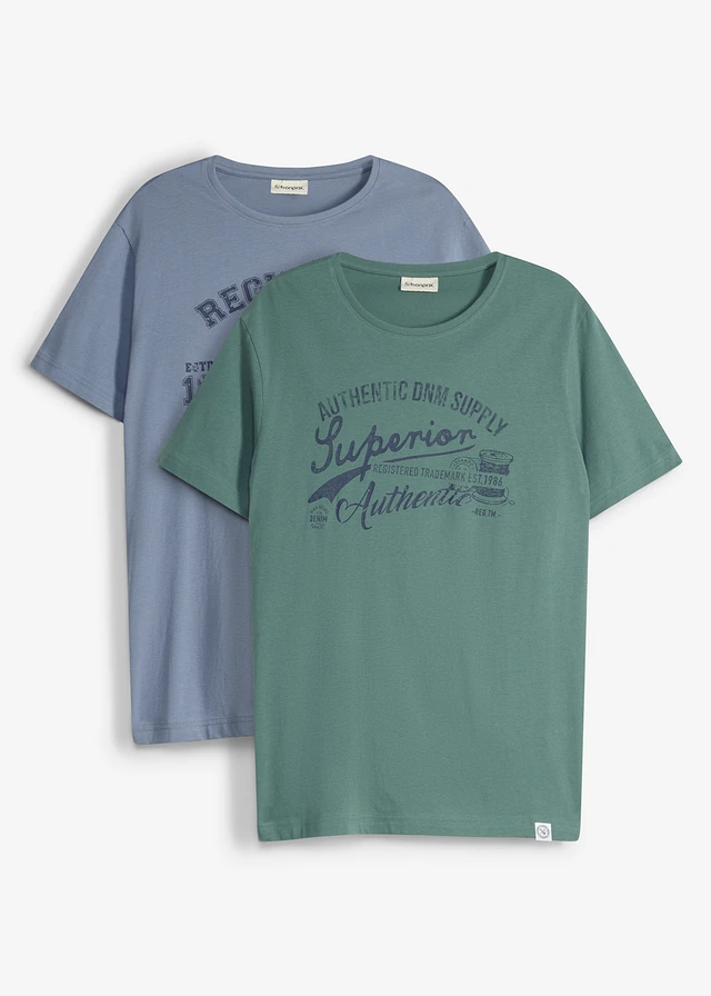 Lot de 2 T-shirts • bleu fumé + gris vert imprimé • Boutique bonprix