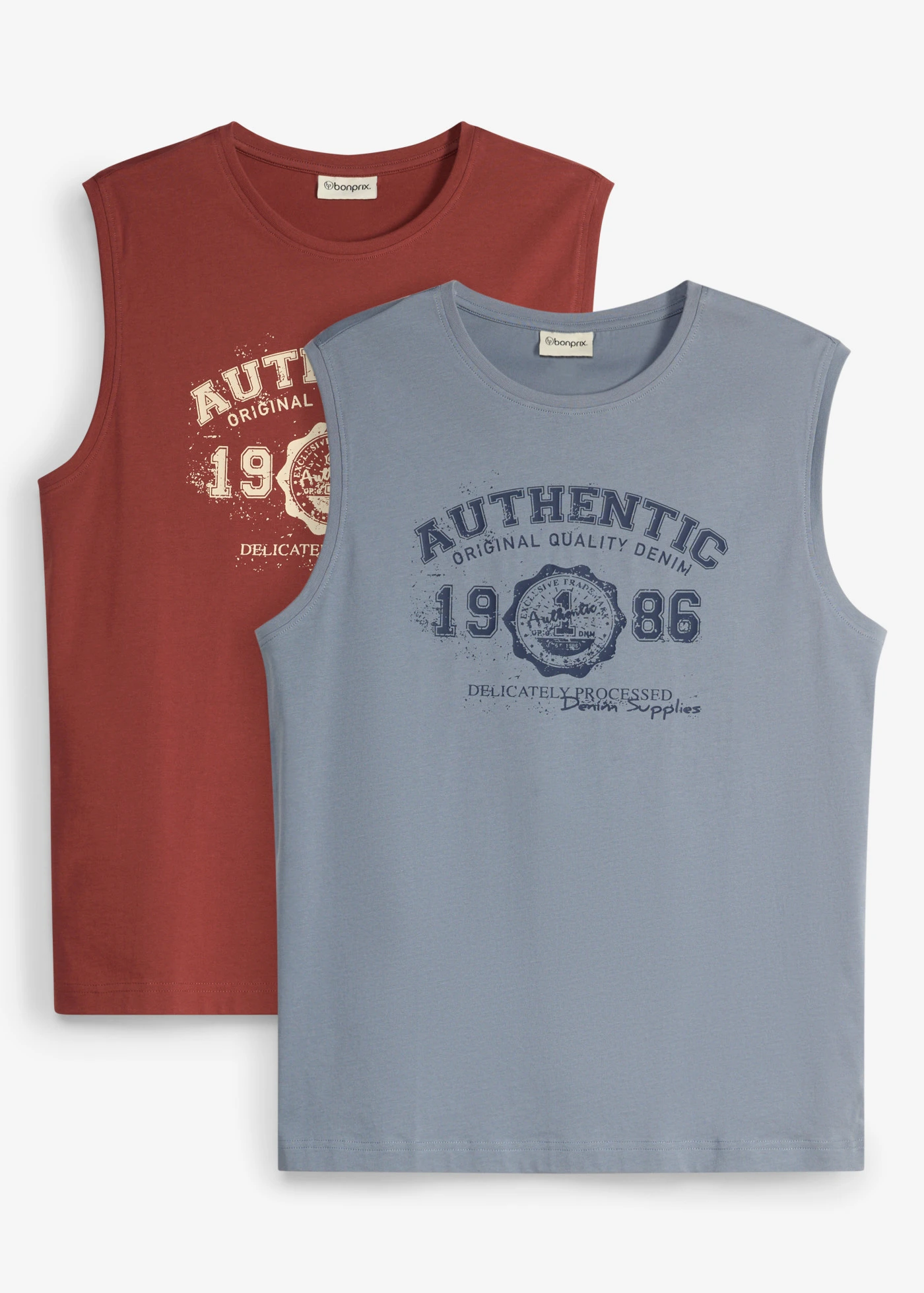 Lot de 2 marcels en coton • bleu fumé + rouge désert imprimé • Boutique bonprix