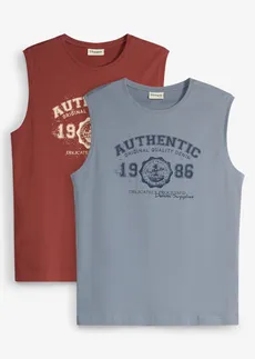 Lot de 2 marcels en coton • bleu fumé + rouge désert imprimé • Boutique bonprix