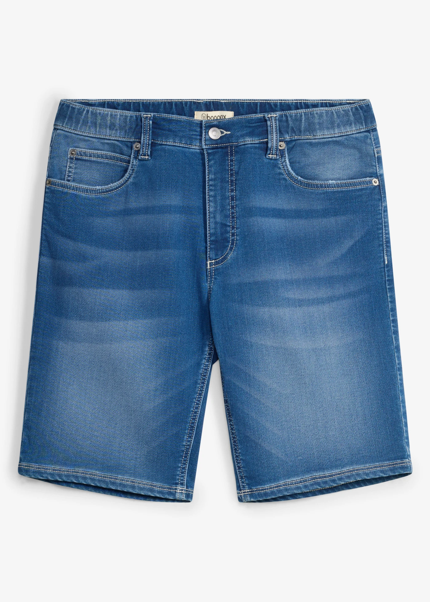 Bermudy jeansowe z dzianiny dresowej, z elastyczną wstawką w talii, regular fit • niebieski denim • sklep bonprix