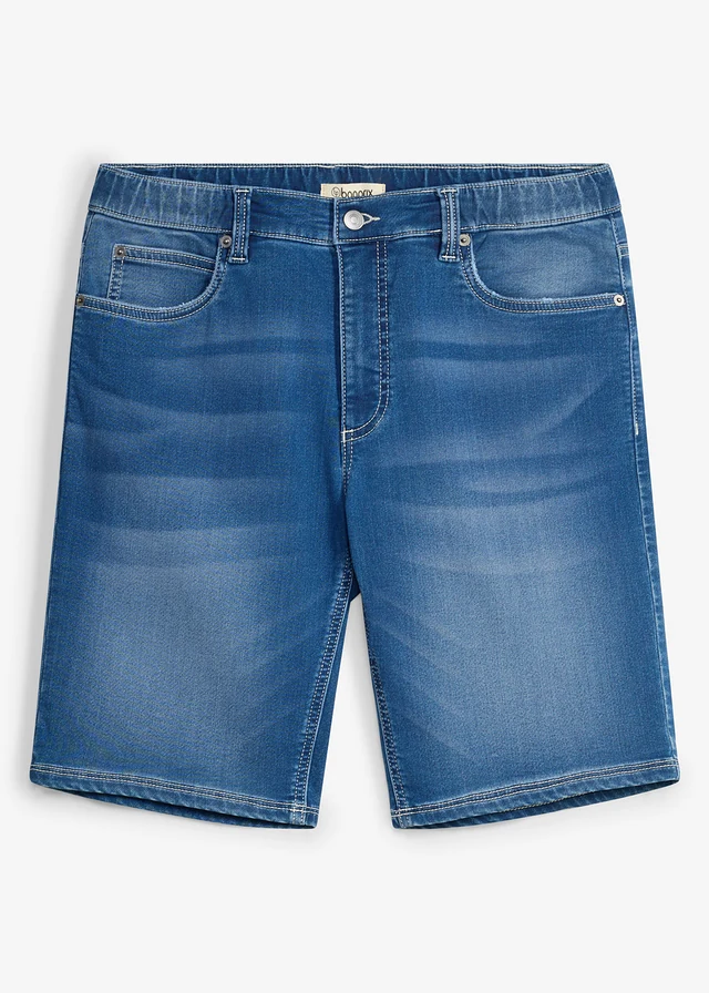 Bermudy jeansowe z dzianiny dresowej, z elastyczną wstawką w talii, regular fit • niebieski denim • sklep bonprix
