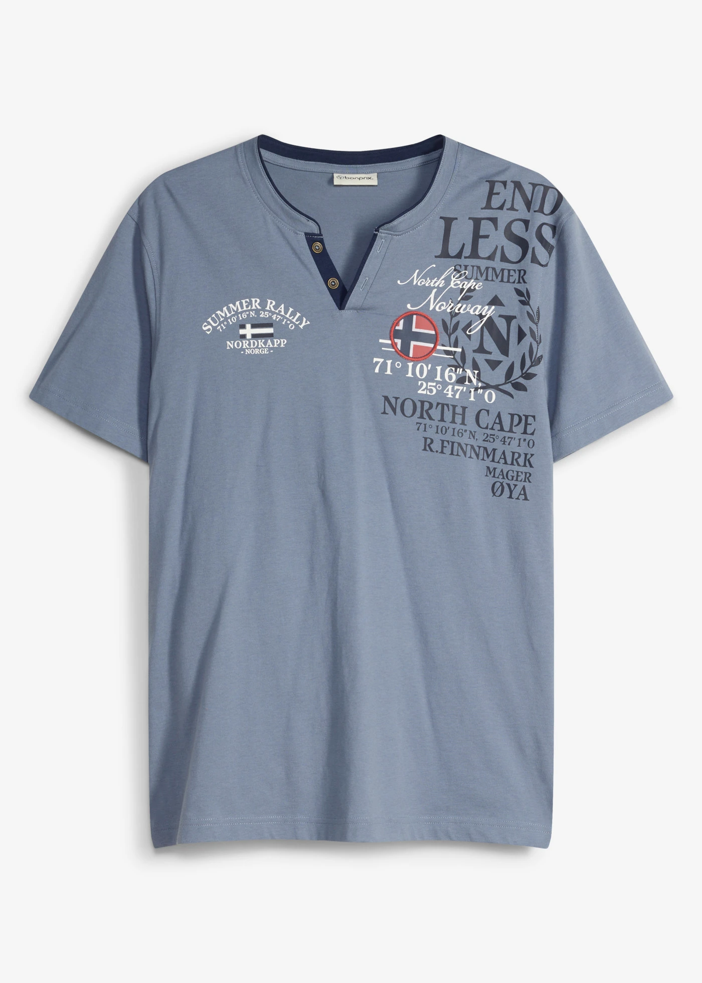 T-shirt col tunisien 100% coton • bleu fumé imprimé • Boutique bonprix