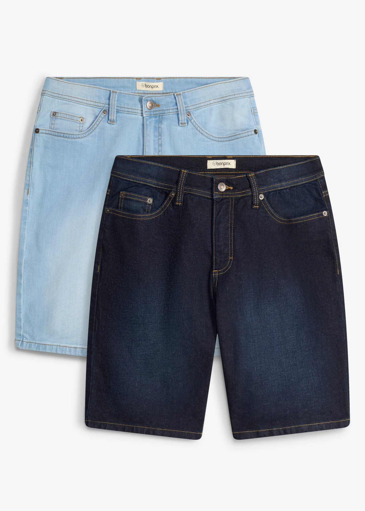Lot de 2 bermudas en jean extensible, regular • bleu clair denim + bleu foncé denim • Boutique bonprix