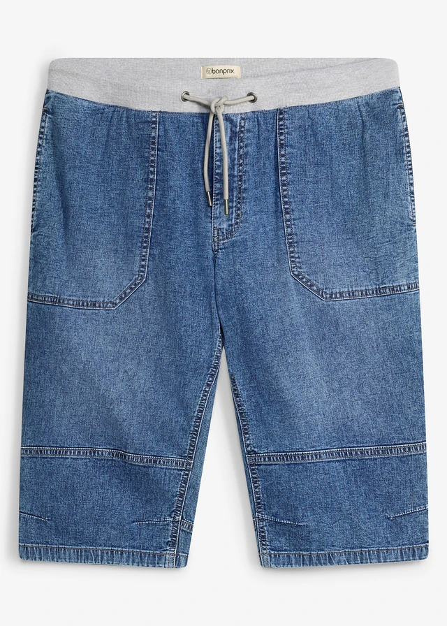 Lekkie długie bermudy jeansowe z elastyczną gumką w talii, relaxed fit • niebieski "stone" • sklep bonprix