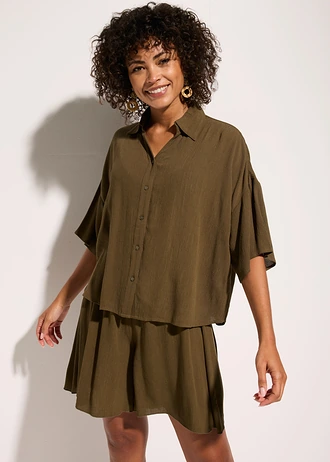 Chemisier court de plage en viscose fluide, Couleur: olive foncé